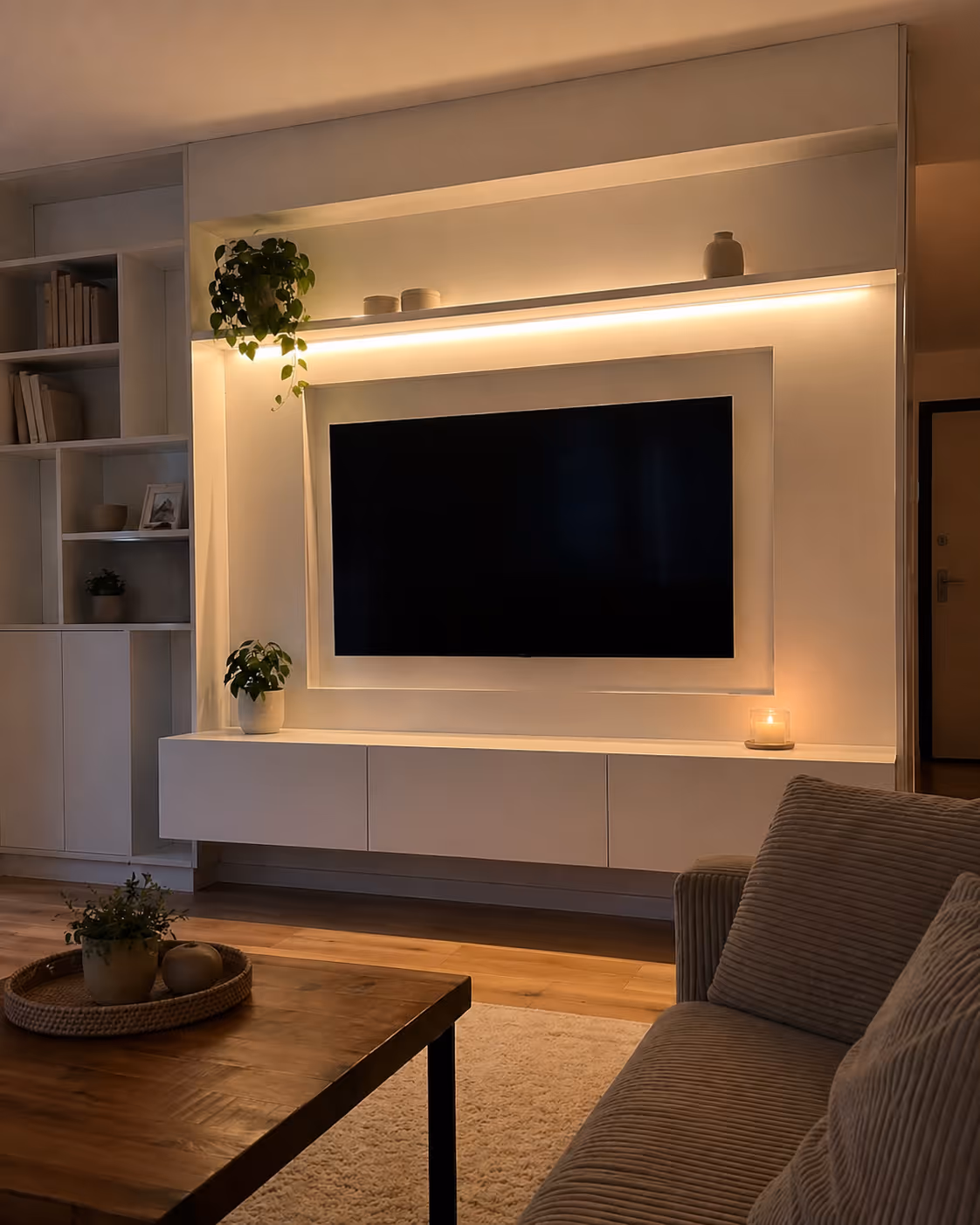Zabudowa RTV salonu na wymiar Wrocław — biały mat z drewnem, TV we wnęce, LED