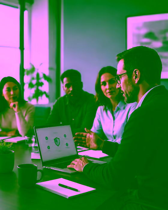 Conseiller TI présentant des mesures de sécurité et de gestion technologique à une équipe de PME.