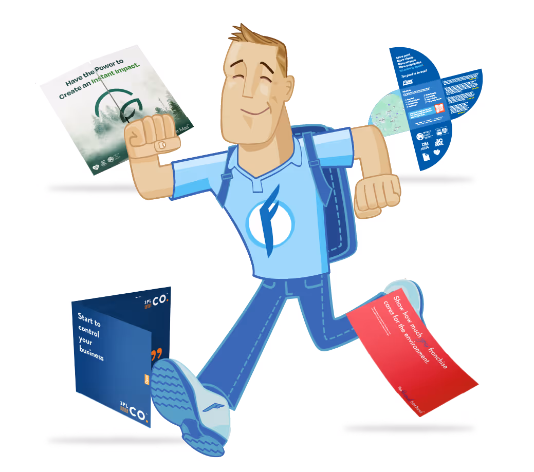 Cartoon man in blue shirt with backpack running surrounded by colorful brochures floating around him.