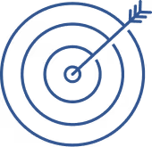 Blue target with an arrow hitting the bullseye, symbolizing precision and goal achievement.