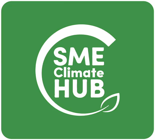 Green background with white text SME Climate HUB and a circular design with a leaf.