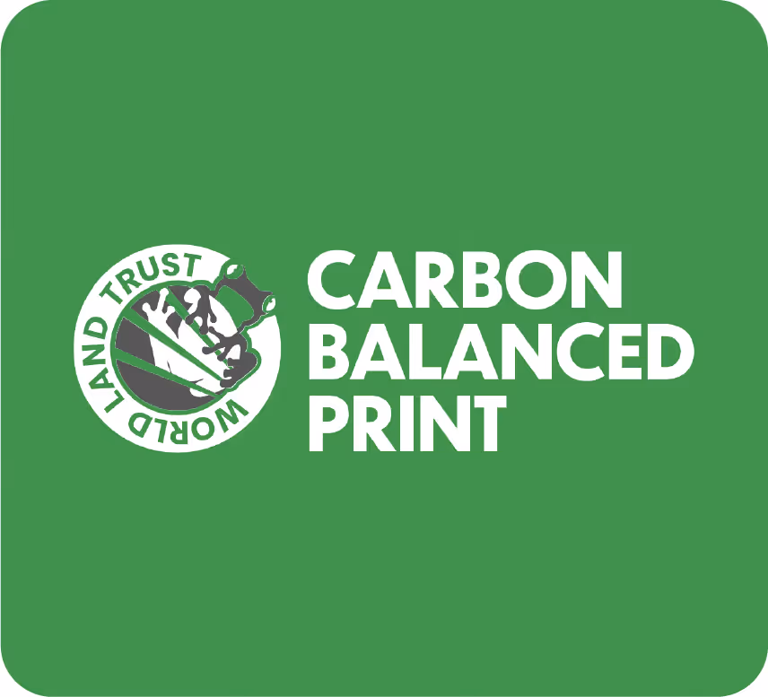 World Land Trust logo with text Carbon Balanced Print on green background.