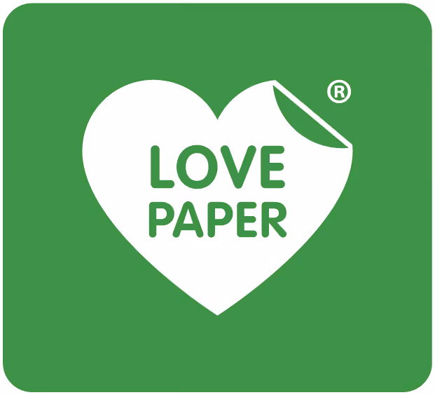 White heart with 'LOVE PAPER' text and a curled corner on a green background.