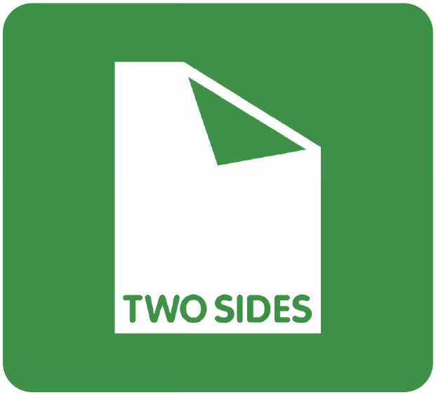 White icon of a paper with a folded corner and text 'TWO SIDES' on green background.