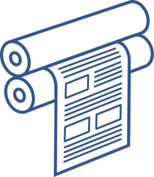 Illustration of a newspaper roll with printed text and images in blue outline style.