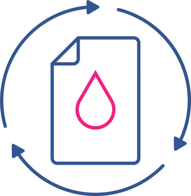 Document icon with a pink drop symbol inside, surrounded by blue circular arrows indicating recycling.