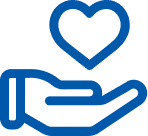 Blue hand icon with a heart shape above it symbolizing care or support.