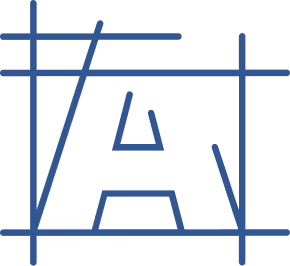 Stylized letter A overlaid with blue grid lines on a transparent background.