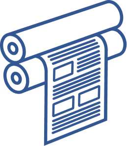 Three rolled sheets with one unraveled sheet showing boxed text lines in blue outline style.