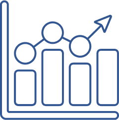 Bar chart with four bars connected by circles and an arrow pointing upward on the last circle.