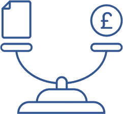 Balance scale with a document icon on one side and a British pound symbol on the other.