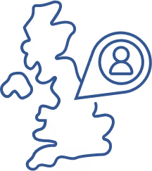 Outline of the United Kingdom map with a location pin showing a user icon inside.
