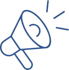 Blue outlined megaphone with sound lines symbolizing an announcement or alert.