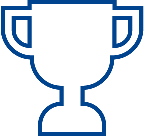 Blue outline of a trophy cup on a white background.