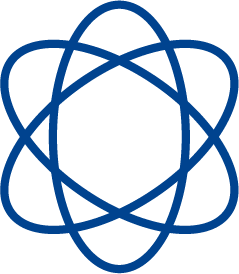 Blue atomic structure icon with overlapping elliptical orbits on transparent background.