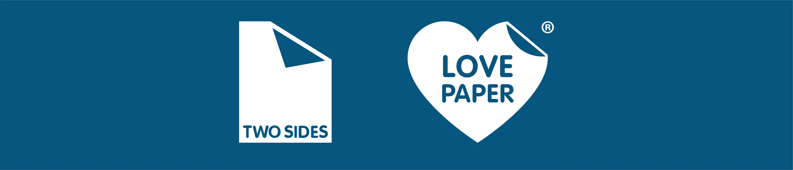 Icon of a two-sided paper sheet and a heart-shaped logo with the words Love Paper.