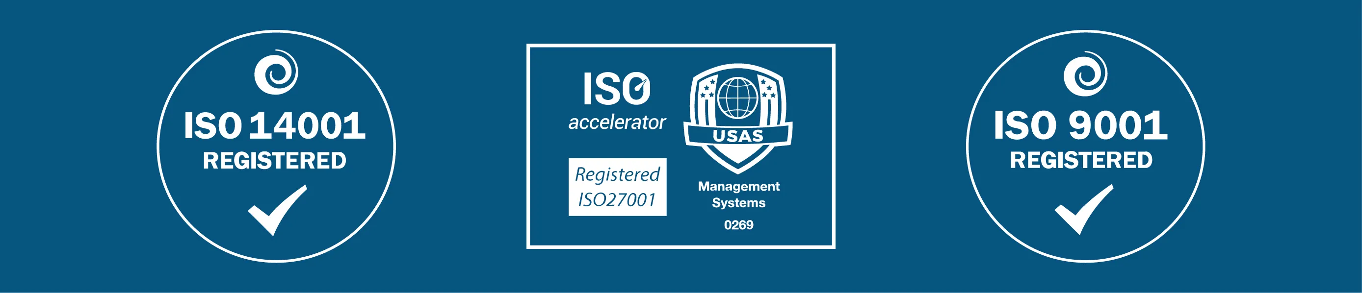ISO 14001 and ISO 9001 registered badges with a USAS ISO 27001 management systems certification logo.