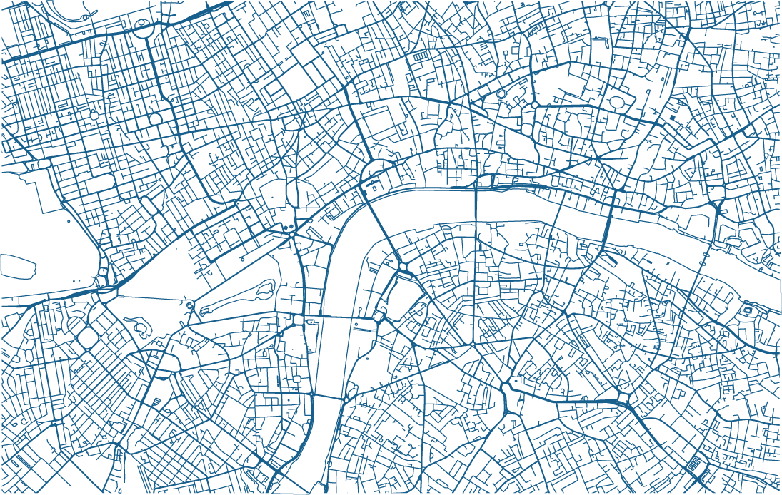 Street map with blue lines depicting roads and waterways on a black background, showing a dense urban area with curved and straight streets.