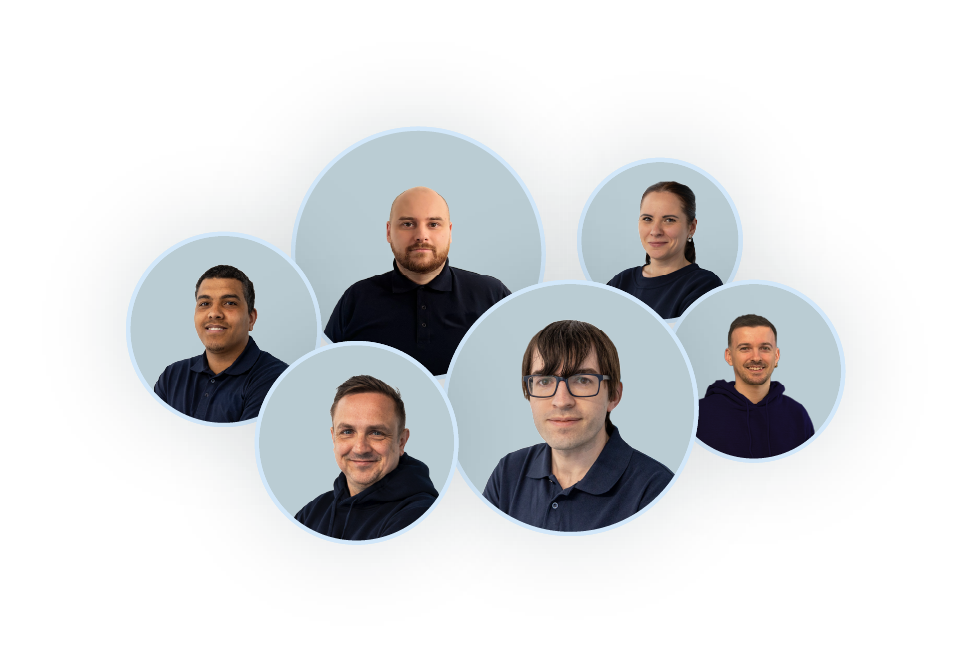Portraits of six diverse people in circular frames on a dark background, all wearing dark-colored tops and smiling or neutral.