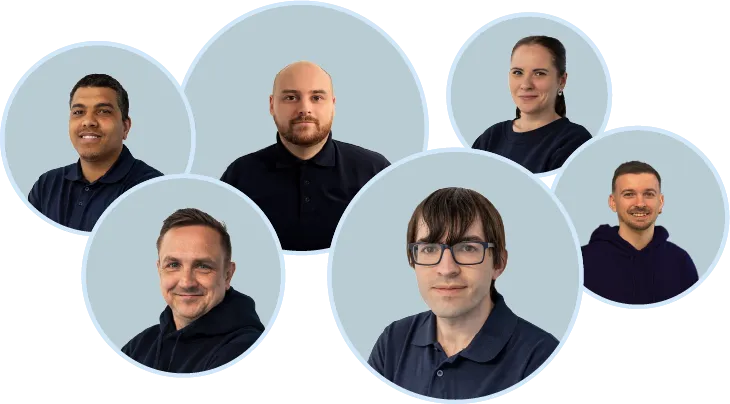 Portraits of six diverse adults, four men and two women, each wearing dark blue or black tops, arranged in overlapping circles over a light blue background.