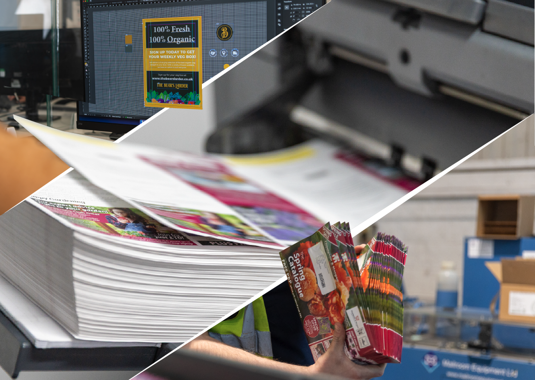 Collage showing the process of print production including design on a computer screen, a printer printing colorful pages, a stack of freshly printed magazines or catalogs, and a person holding a fan of printed catalogs in a print facility.