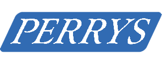 The word "PERRYS" in capital letters with a slightly distressed texture, written in a serif font on a blue, right-tilted rectangular background.