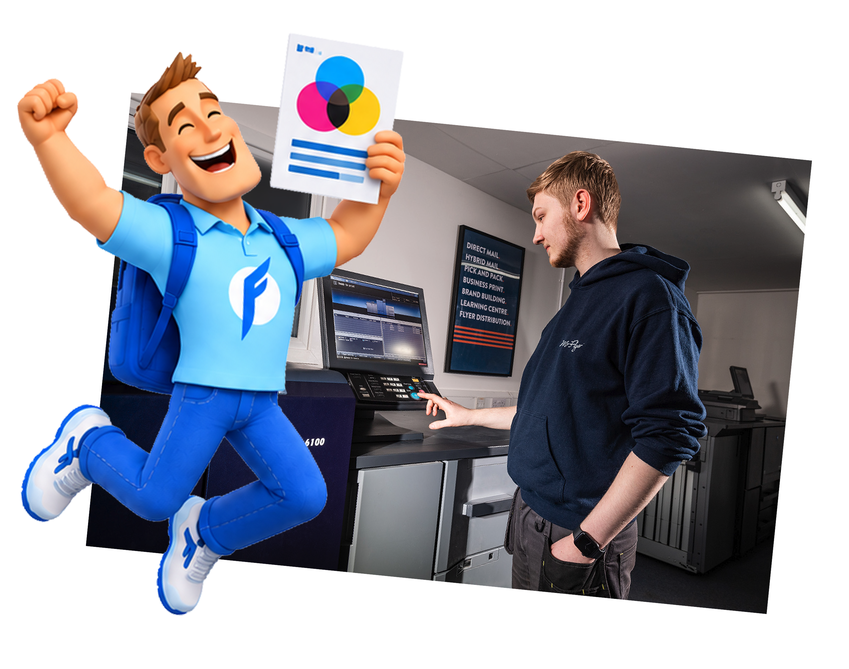Young man in dark hoodie operating a digital printing machine, with a cheering animated character holding a printout showing a CMYK color diagram in the foreground.