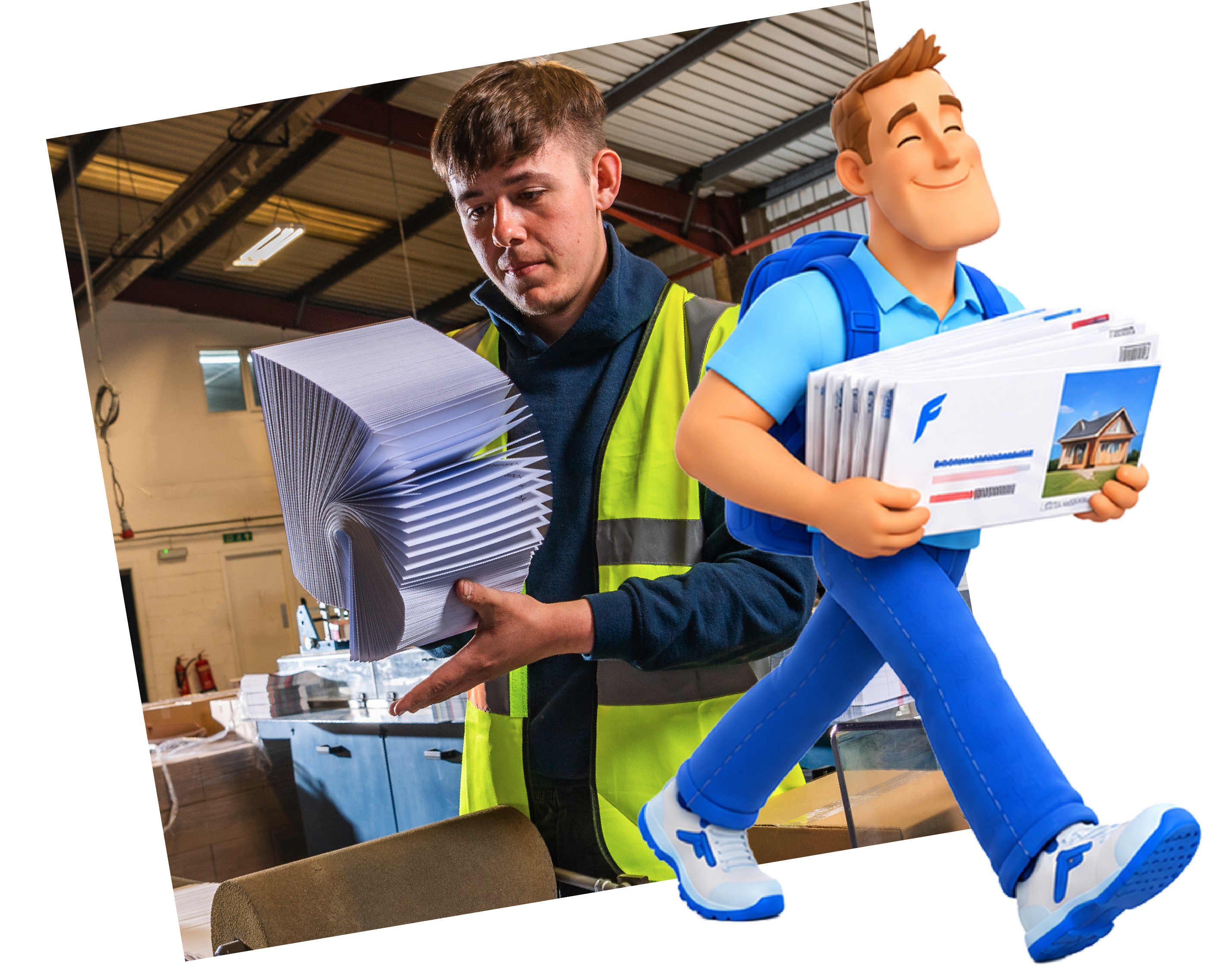 A man wearing a yellow safety vest inspects a large stack of papers in an industrial setting, next to a cartoon character dressed in blue carrying a bundle of envelopes with images of a house.