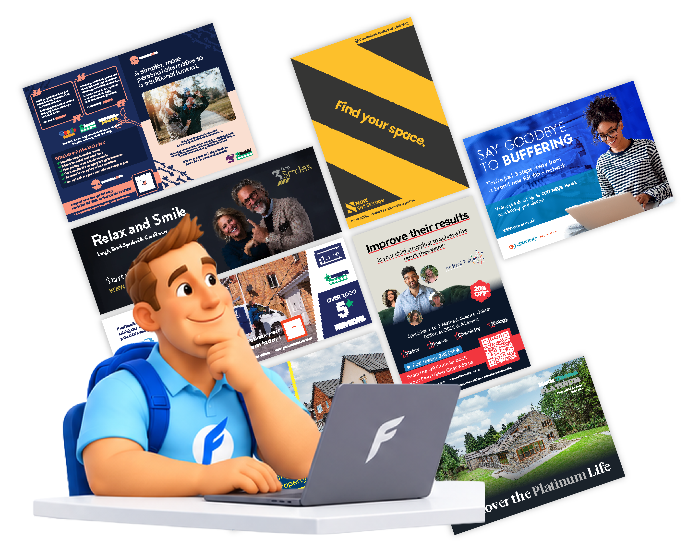 Animated man with brown hair, wearing a blue polo and backpack, sitting contemplatively at a white desk using a laptop with an 'F' logo, surrounded by angled flyers promoting educational tutoring, property services, self-storage, and internet speed services.