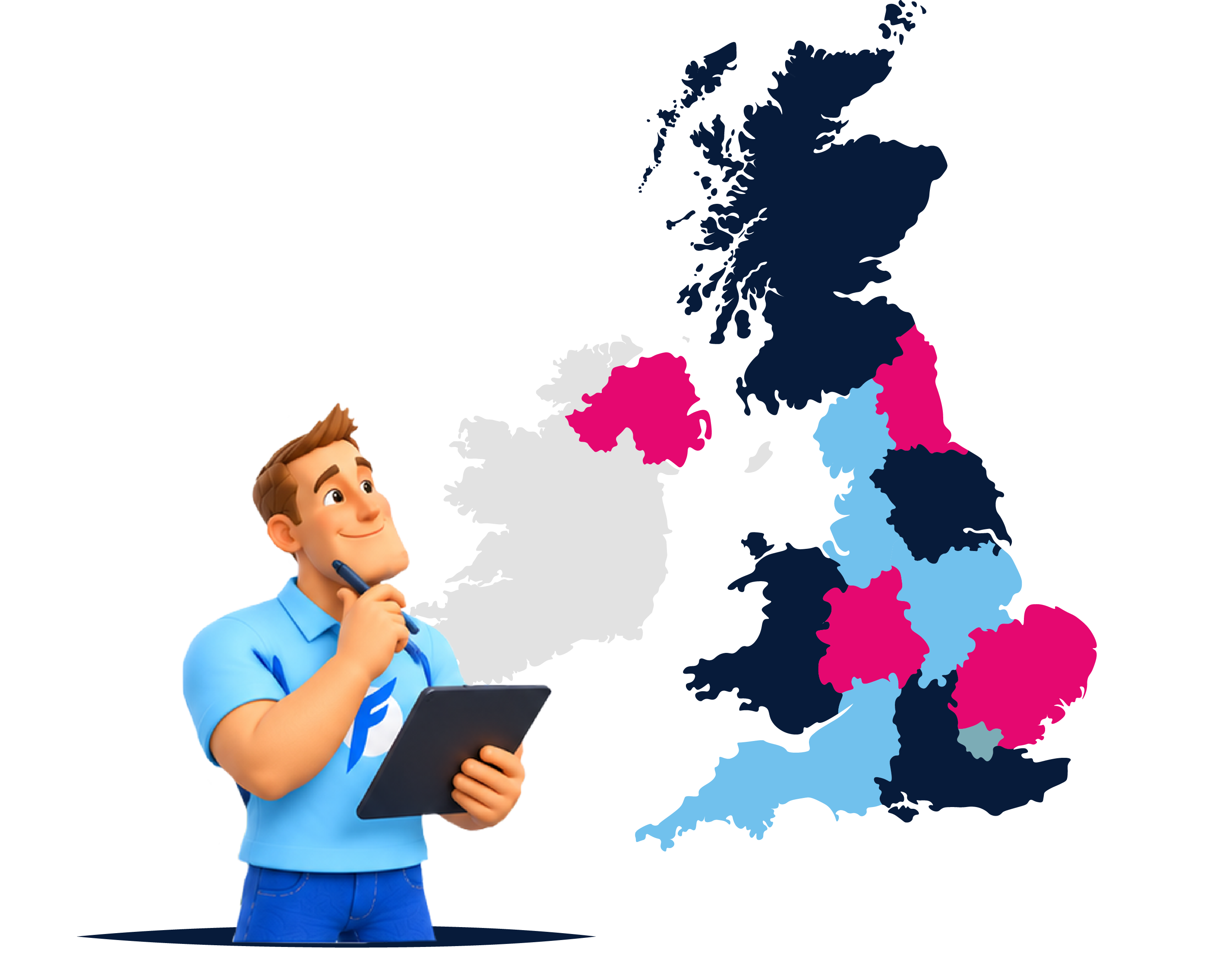 Cartoon man in a blue shirt holding a tablet and stylus, looking thoughtfully at a map of the UK and Ireland with regions highlighted in pink and blue shades.