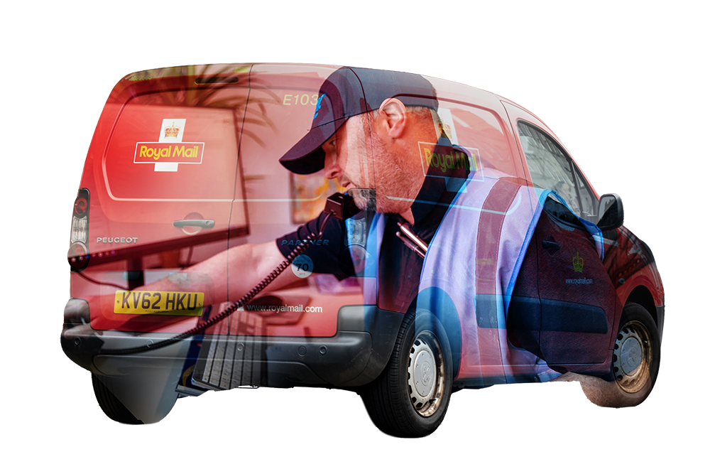 Composite image showing a Royal Mail delivery van and a Royal Mail postal worker wearing a reflective vest and cap, talking on a telephone.