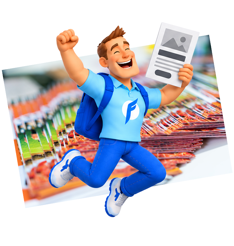 Animated character with brown hair, wearing a blue shirt with a 'F' logo, blue pants, white shoes, and a blue backpack, joyfully jumping while holding a document resembling a leaflet with text and an image placeholder, with a blurred background of stacked printed leaflets.