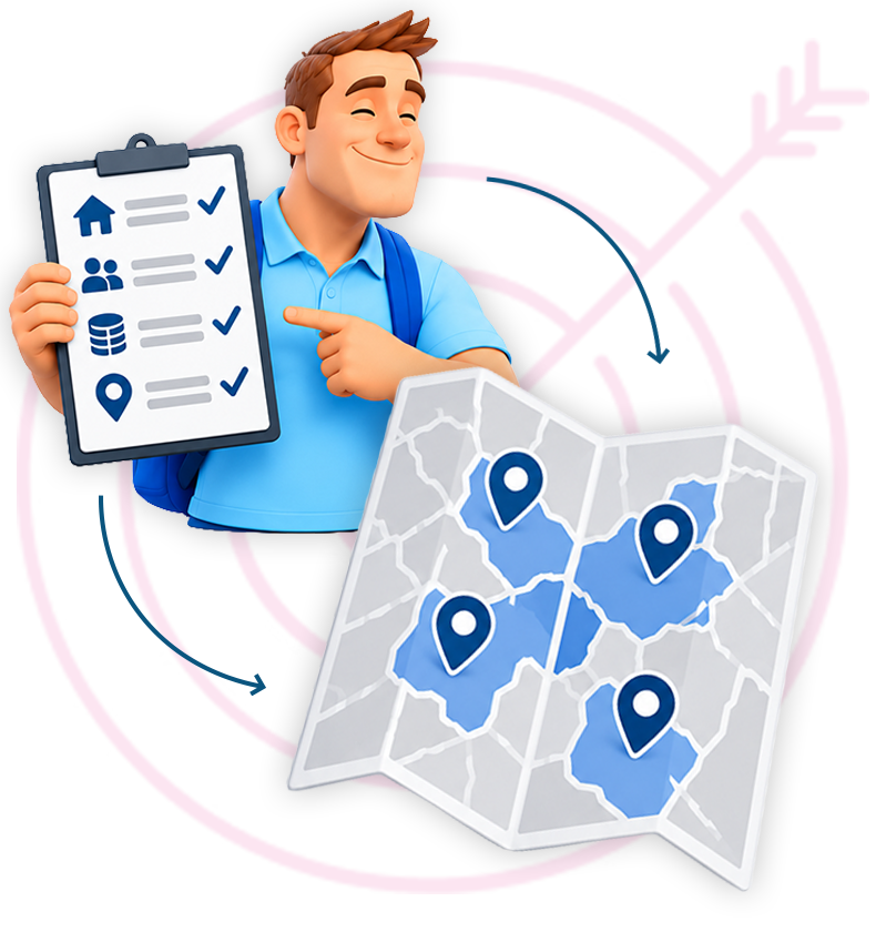Illustration of a smiling man in a blue shirt holding a checklist with icons for home, group, database, and location, pointing at it with one hand, beside a folded map marked with four blue location pins and surrounding blue-shaded areas, with pink concentric circles and an arrow in the background.