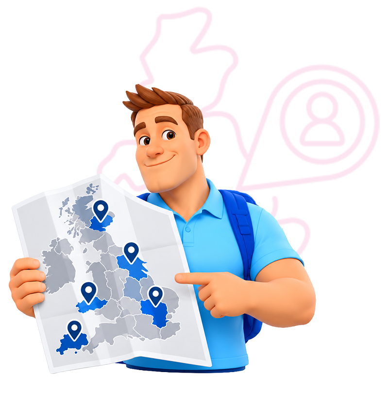 A cartoon man wearing a blue shirt and backpack holds and points to a map of the United Kingdom, showing five highlighted regions marked with location pins; behind him is an outline of the UK with a user location icon.