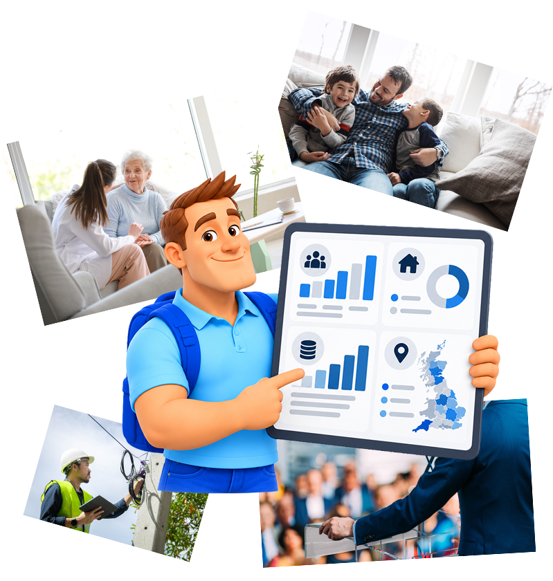 Illustrated man in a blue shirt pointing at a digital tablet showing graphs, charts, and a UK map, surrounded by photos depicting a doctor talking to an elderly woman, a father playing with two children on a couch, a technician working on electrical wiring, and a speaker addressing an audience.