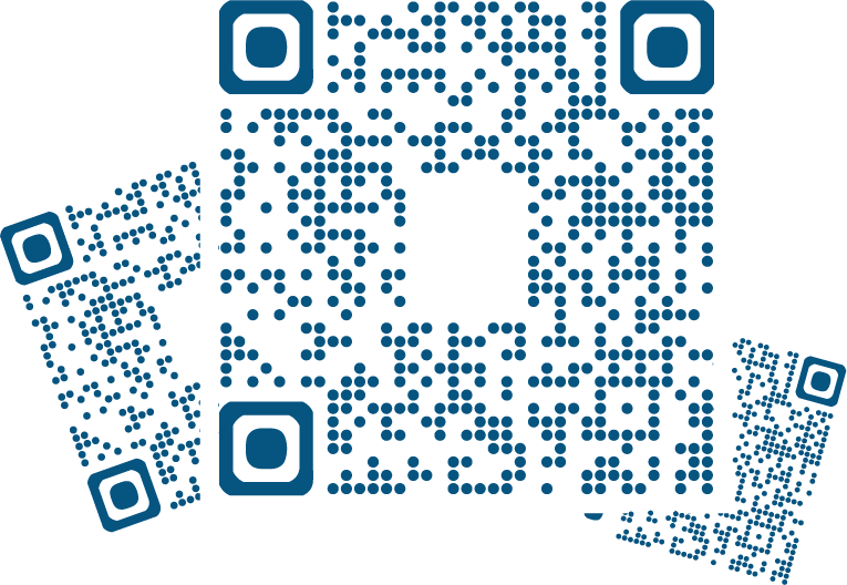 Blue dotted QR code with a central square and three larger square markers at corners on a black background.