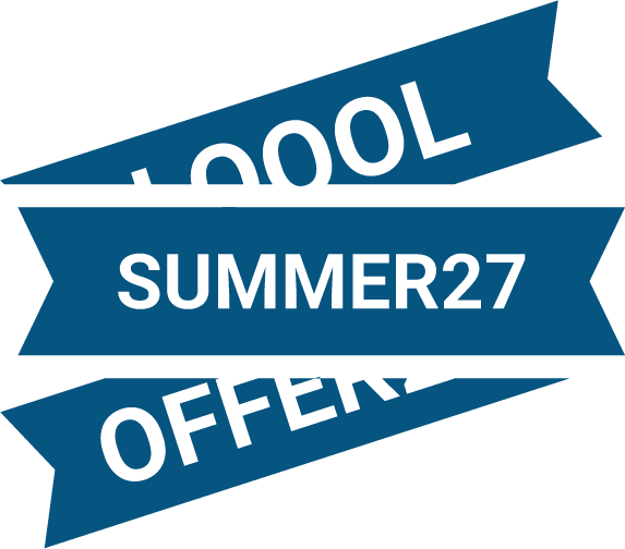 Blue banner with the text 'SUMMER27' centered and partially overlaid on the diagonal words '1000L OFFER'.