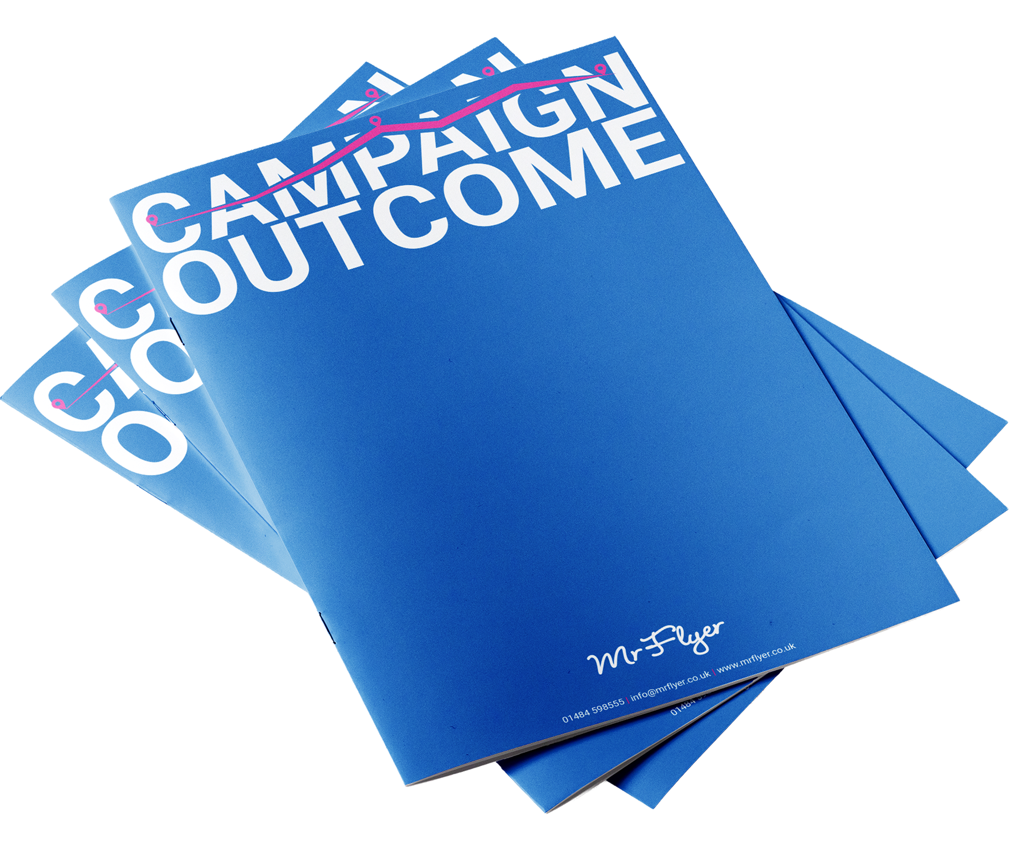 Stack of blue brochures with the large white text "CAMPAIGN OUTCOME" on the cover and a pink line with location pins above the text, with the logo and contact details of Mr Flyer at the bottom.