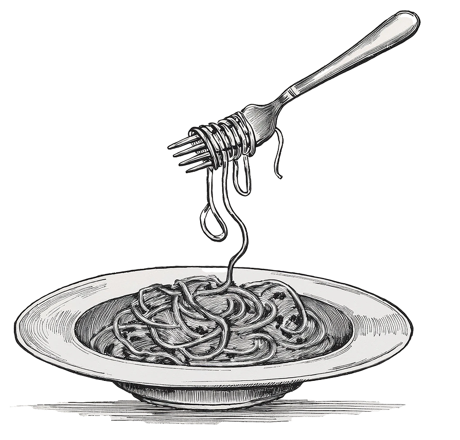 A bowl of spaghetti with a fork sticking out of it.