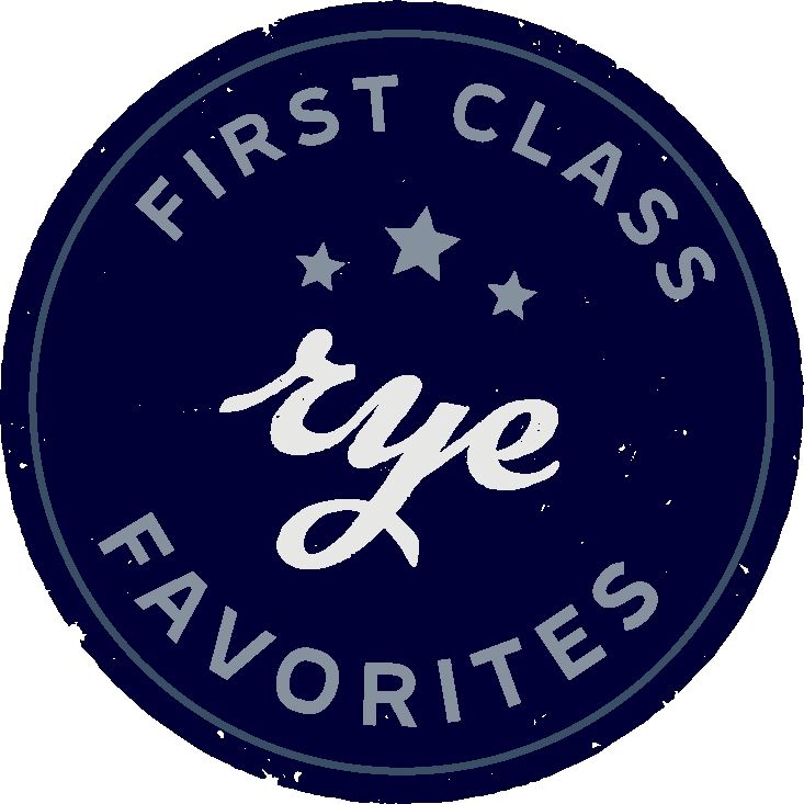 A blue and white logo for Rye Favorites.
