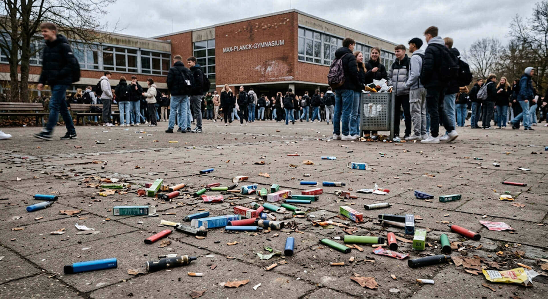 Symbolbild für die Verschmutzung durch achtlos weggeworfenen Vapes auf einem Schulhof