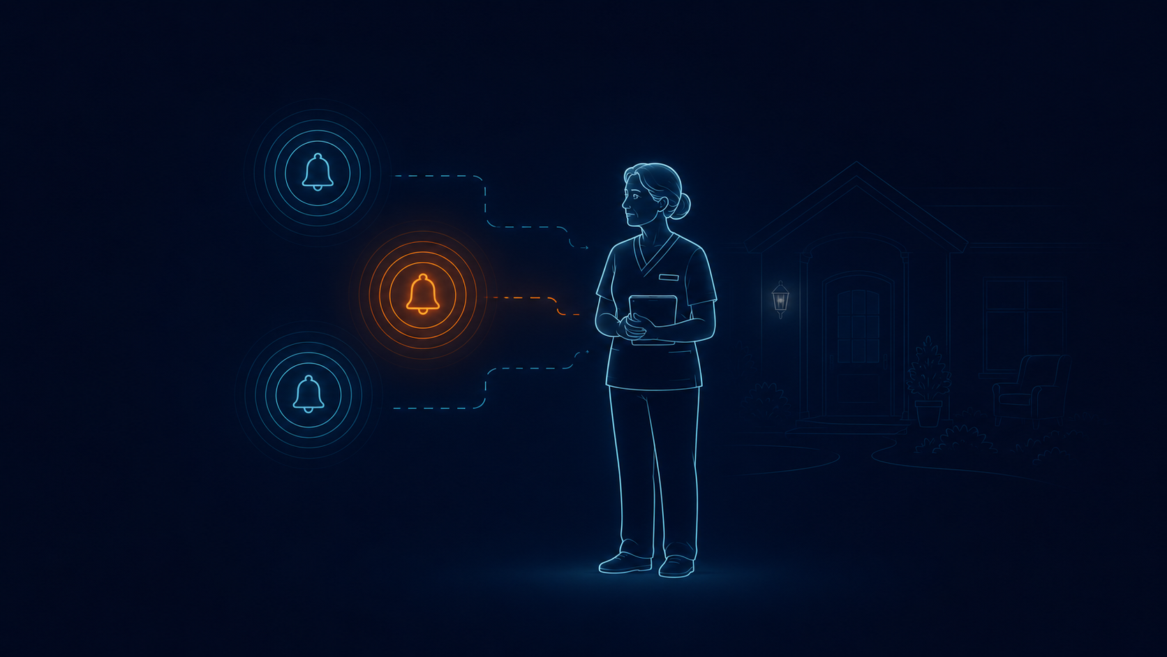 Care-team member receiving repeated alerts while one priority event stands out.