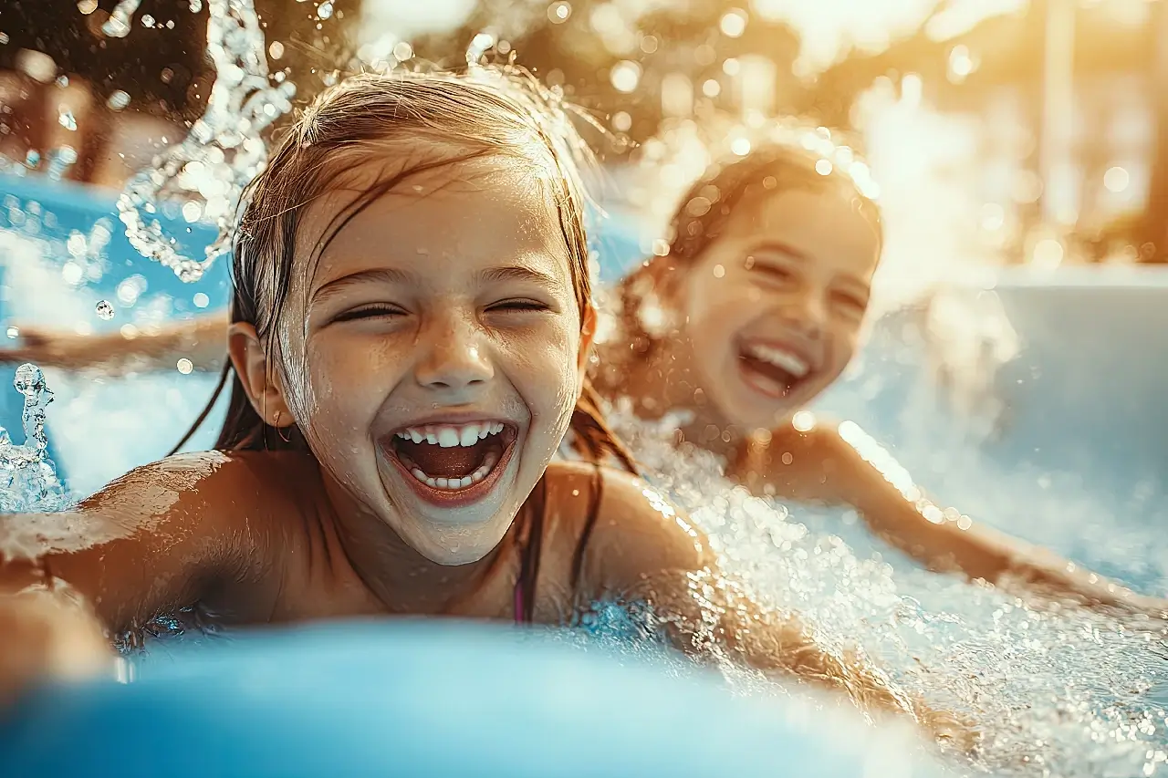 Two happy girls going down water slide