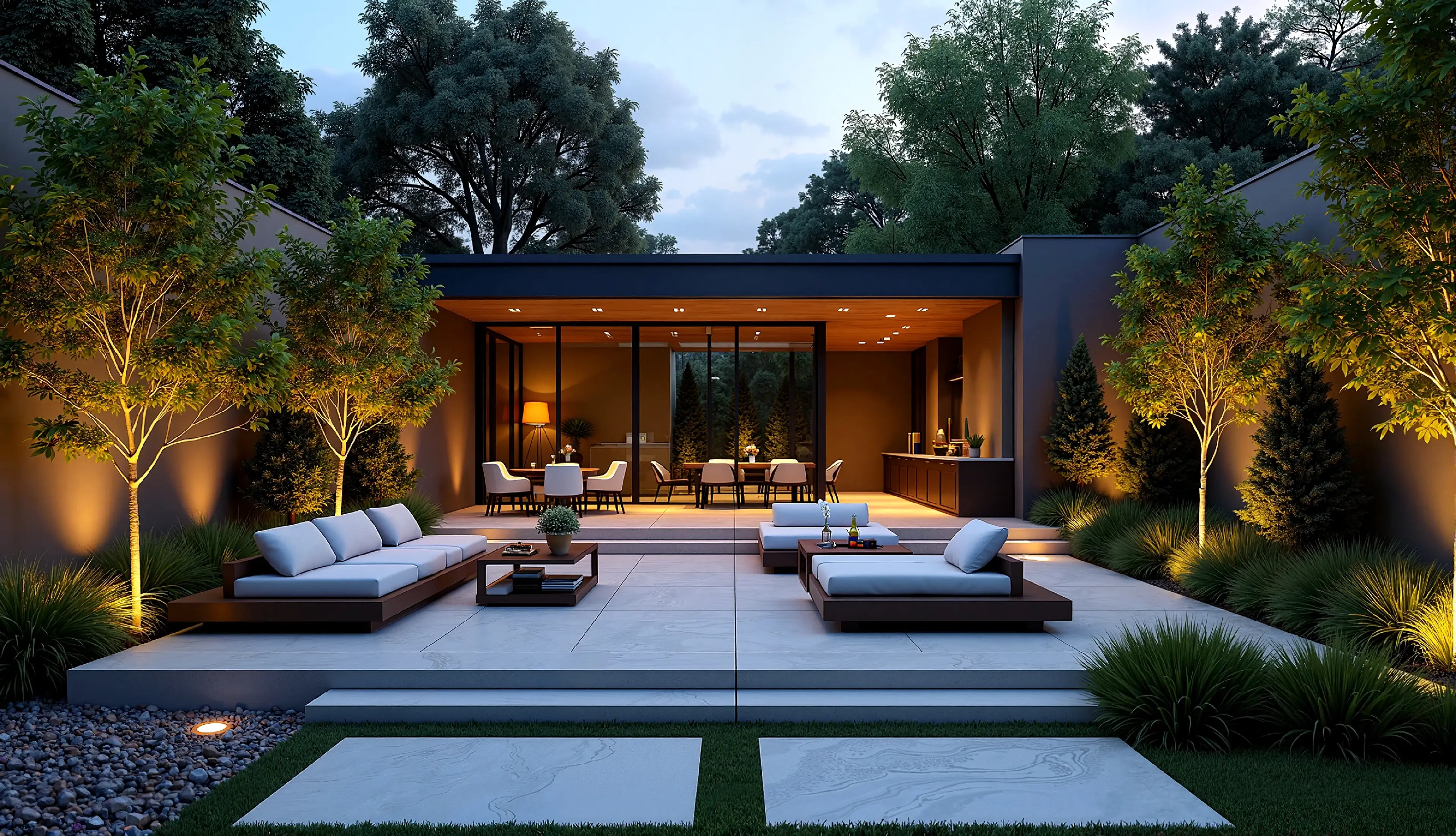 Outdoor furniture illuminated by under roof lighting