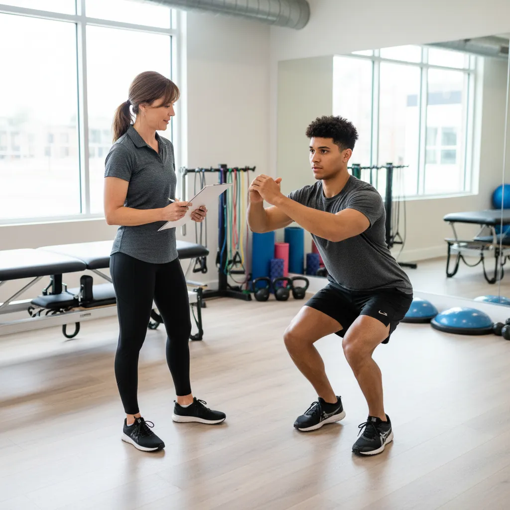Patient completing a functional movement assessment with a physical therapist at a performance physical therapy clinic in Dallas, TX