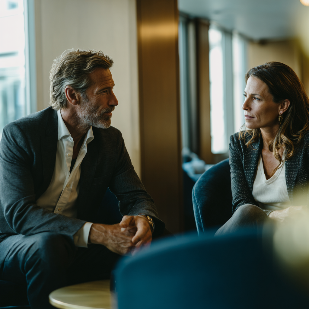 Male and female discussing business opportunities and coaching