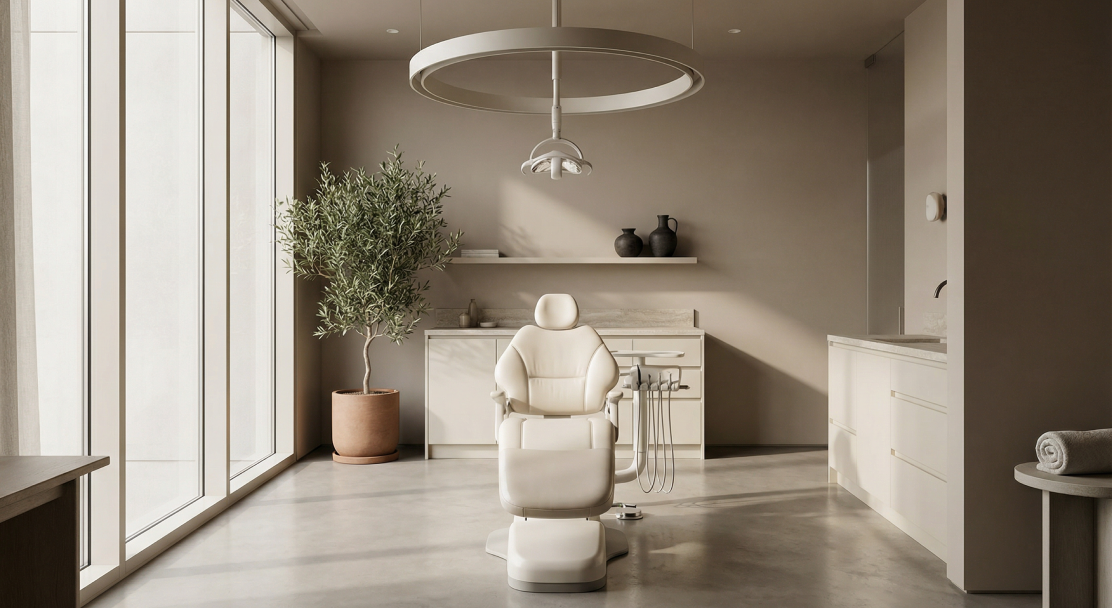 Modern dental office with white dental chair, large window, potted plant, and cabinetry.