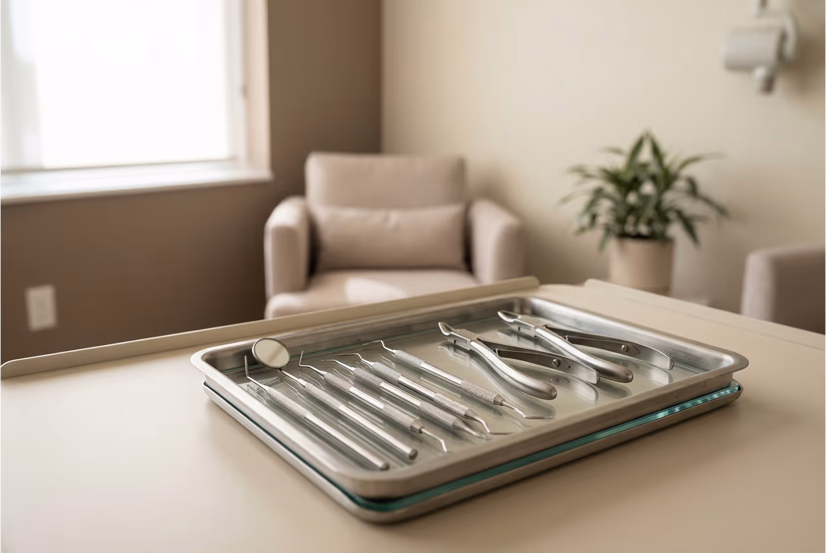 Tray with metal dental tools including mirror, scaler, and forceps on a table in a dental office.