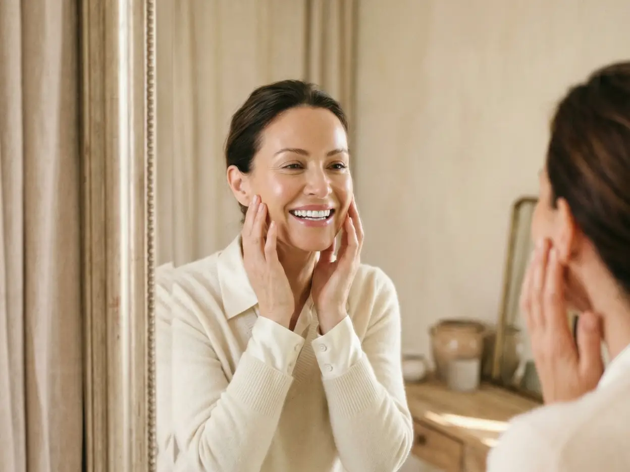 Happy woman checking her teeth in the mirror