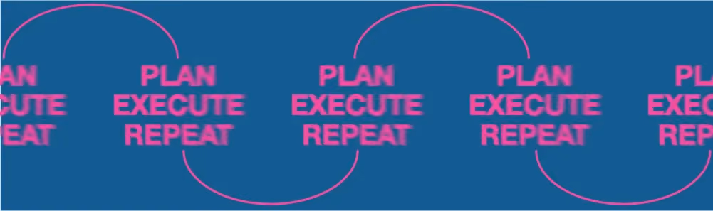 A continuous wavy pink line connecting repeated blocks of text that read "Plan, Execute, Repeat," illustrating a cyclical business process.